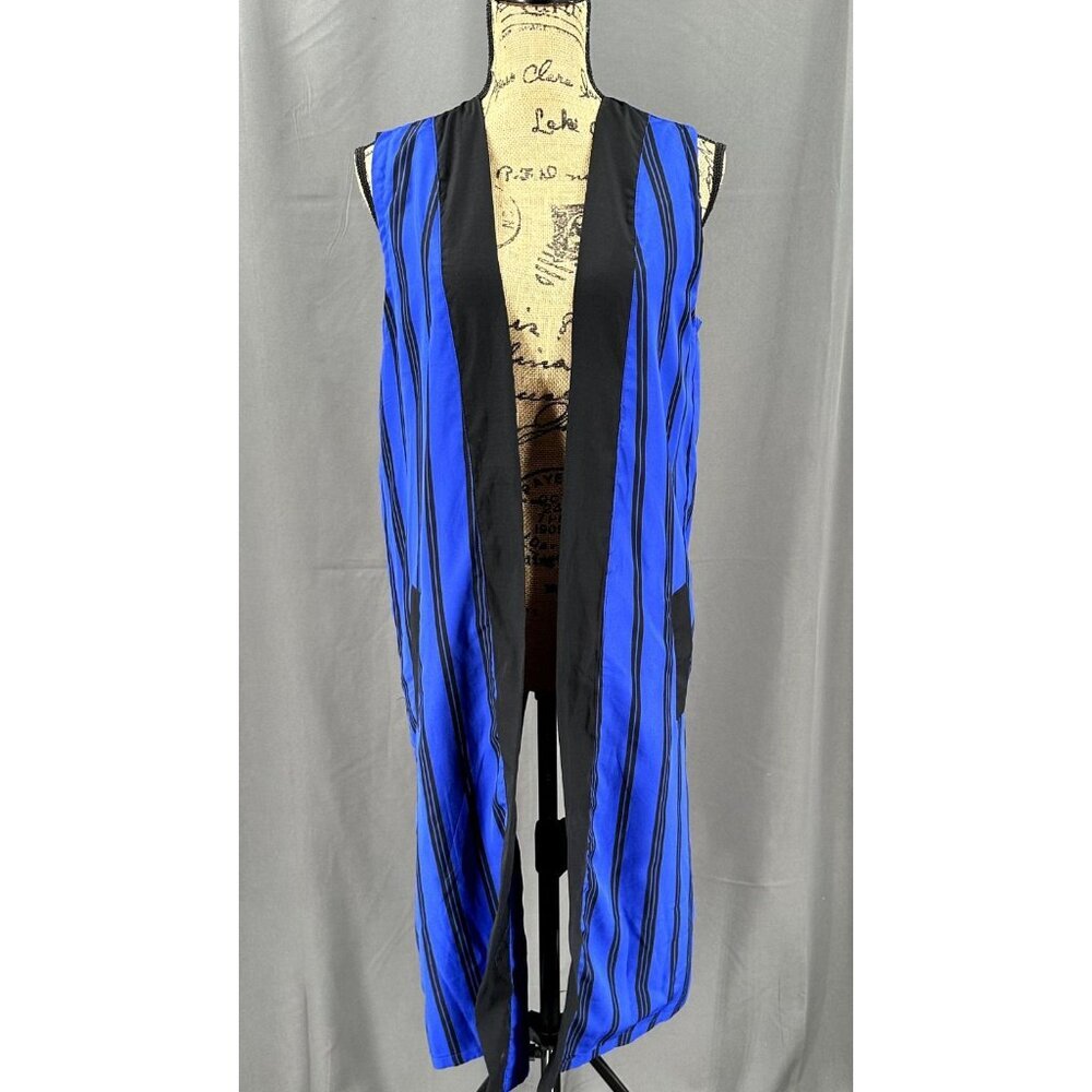 Free People‎ Vest Women Pinstripe Long Open Front Pockets Slit Back Hipster
